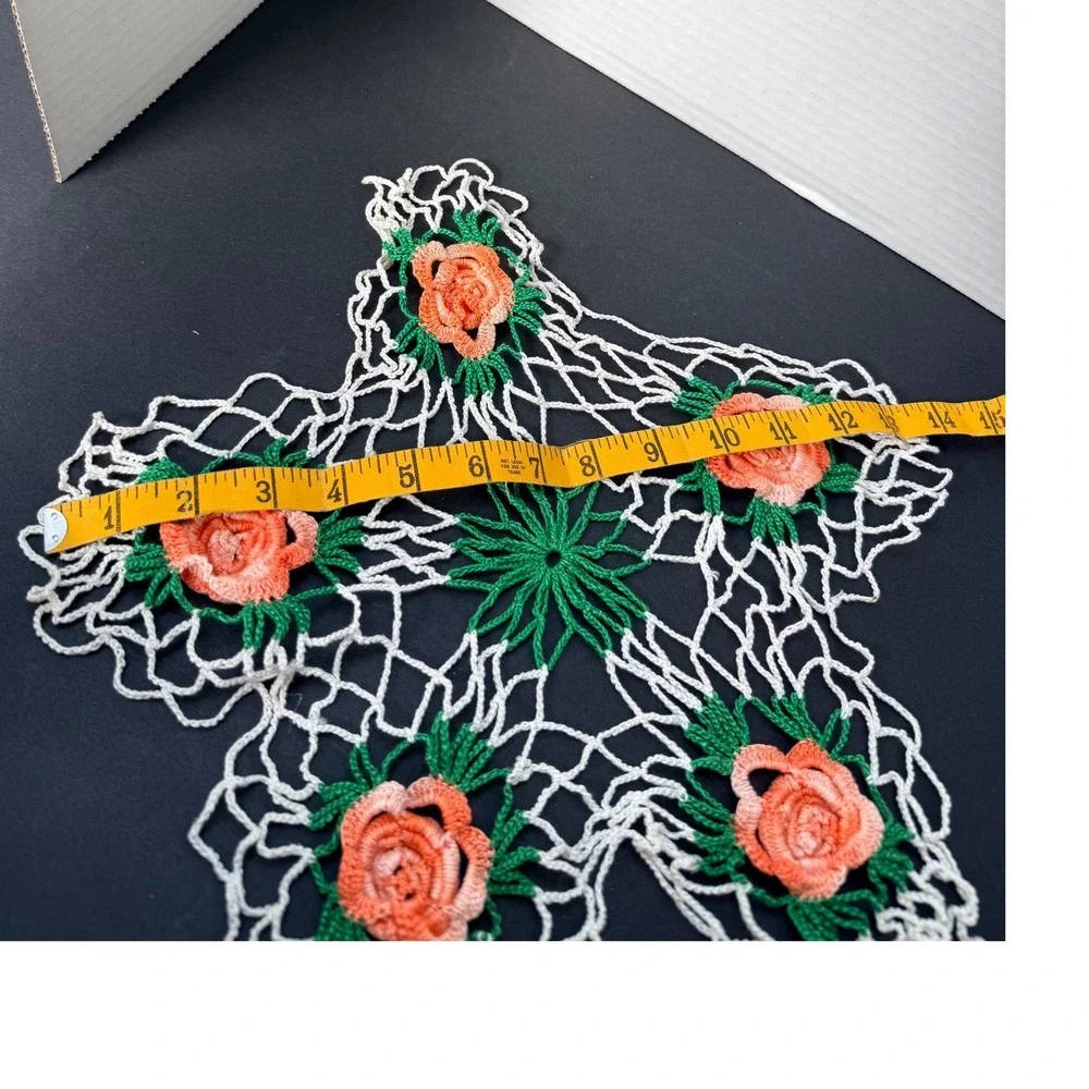 Vintage Handmade Crochet Star Doily 3D Peach Cabbage Rose Green White 13‎ Inch
